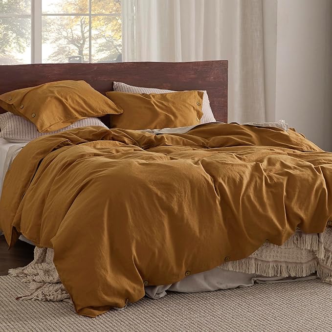Bedsure Linen Duvet Cover Queen - Linen Cotton Blend Bedding Set, Soft & Cozy, 3 Pieces, 1 Duvet Cover 90x90 and 2 Pillowcases, Pumpkin Yellow Color Cooling Bedding, Comforter Sold Separately