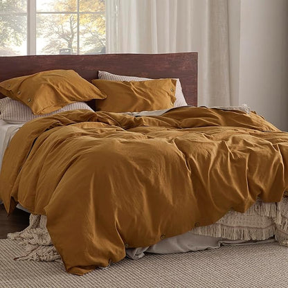Bedsure Linen Duvet Cover Queen - Linen Cotton Blend Bedding Set, Soft & Cozy, 3 Pieces, 1 Duvet Cover 90x90 and 2 Pillowcases, Pumpkin Yellow Color Cooling Bedding, Comforter Sold Separately