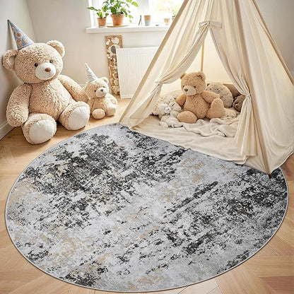 Round Rug 5ft Circle Rug Washable: Carpet Small Circular Area Rug for Entryway Kitchen Bedroom Dining Room Living Room 5 Feet Abstract College Dorm Non Slip Low Pile Black Grey Gold