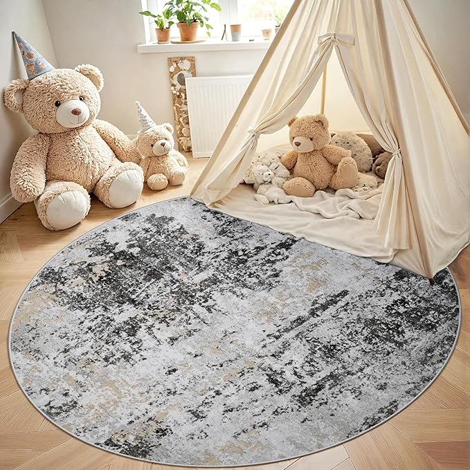 Round Rug 6ft Circle Rug Washable: Carpet Small Circular Area Rug for Entryway Kitchen Bedroom Dining Room Living Room 6 Feet Abstract College Dorm Non Slip Low Pile Black Grey Gold