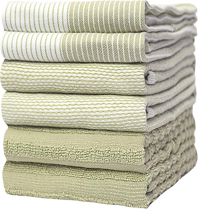 Premium Kitchen Towels 6 Pack Large Cotton Flat Terry Absorbent Tea Towels with Hanging Loop Sage Green 20x28