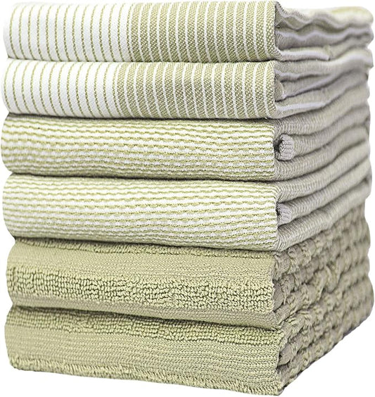 Premium Kitchen Towels 6 Pack Large Cotton Flat Terry Absorbent Tea Towels with Hanging Loop Sage Green 20x28