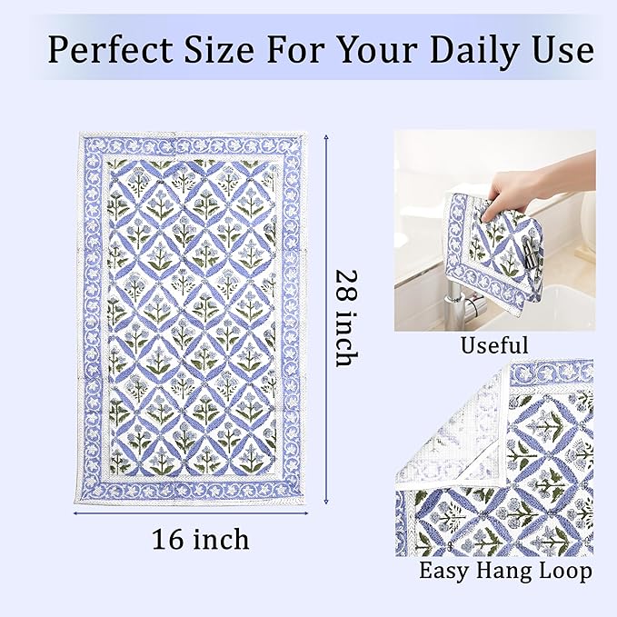 Ridhi Light Steel Blue Hand Block Print Waffle Kitchen Towel Set of 3-16 x28 Ultra Absorbent Quick Dry 100% Cotton Dish Towels Lightweight Reusable Sustainable Tea Towels for Cleaning and Drying