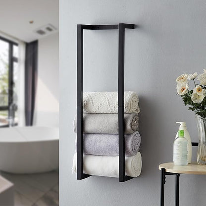 Towel Rack for Rolled Towels, Towel Rack for Bathroom,Wall Mounted Metal Bathroom Organizer, Bath Towel Holder Wall for Modern Small Space Bathroom Towel Storage (Black)