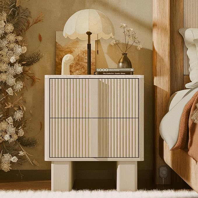 Fluted Night Stand with Charging Station, 22" Tall END Table with 2 Large Storage Drawers and 2 Widened Reinforced Legs, Modern Bedside Table for Bedroom, Living Room, Whitewashed Oak