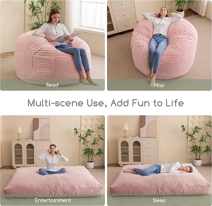 Giant Bean Bag Chair Bed for Adults, Convertible Beanbag Folds from Lazy Chair to Floor Mattress Bed with Machine Washable Cover, Large Floor Sofa Couch with High-Density Foam Filling