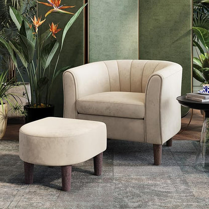 LINSY Accent Chair with Ottoman, Modern Armchair Comfy Barrel Reading Chair with Footrest for Living Room Bedroom Reading Room, Velvet, Beige