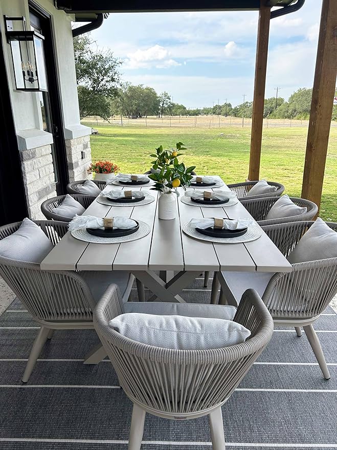 PURPLE LEAF 9 Pieces Patio Dining Table Set Wicker Outdoor Furniture Rectangular Table and Chairs Set for Garden Deck Aluminum Frame Backyard Kitchen Set, Cushions and Pillows Included Champagne