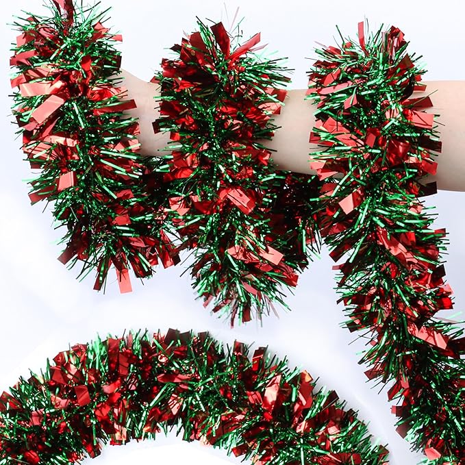 50 Feet Green Red Christmas Tinsel Garland Christmas Decorations for Xmas Tree Decor Metallic Twist Shiny Hanging Garlands for Tree Mantel Stairs Fireplace Home Indoor Outdoor Holiday Party Supplies