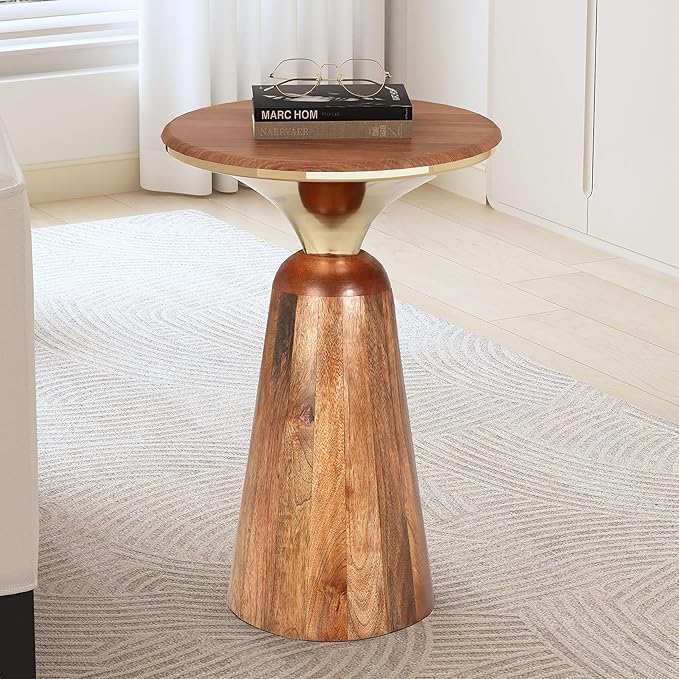 Christopher Knight Home Laveer Wood End Table, Indoor Round Side Table, Small Drink Table, Modern Solid Wood Accent Table Coffee Table for Living Room Bedroom or Small Spaces, Gold+Honey