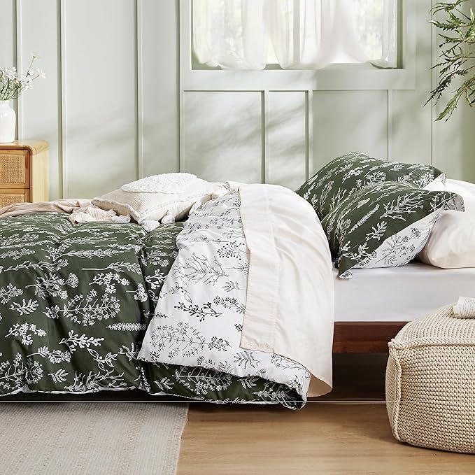 Bedsure Twin/Twin XL Comforter Set - Dark Olive Green Bed Set, 2 Pieces Cute Floral Bedding, 1 Soft Reversible Botanical Flowers Comforter and 1 Pillow Sham