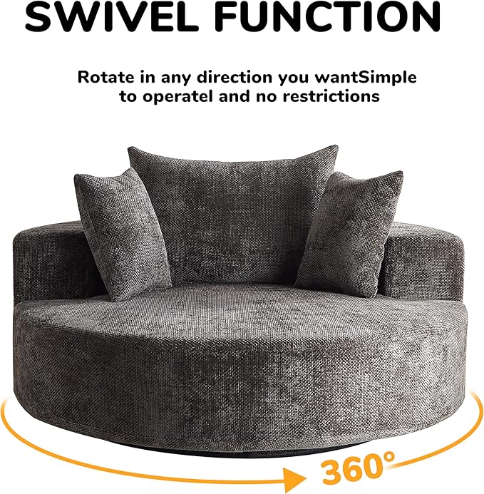 KEIKI 55" Oversized Swivel Accent Chair, Large Barrel Chairs Upholstered Round Swivel Chair, Chenille Single Sofa Armchair, Sleeper Chair for Living Room, Lounge, Black
