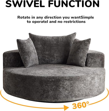 KEIKI 55" Oversized Swivel Accent Chair, Large Barrel Chairs Upholstered Round Swivel Chair, Chenille Single Sofa Armchair, Sleeper Chair for Living Room, Lounge, Black