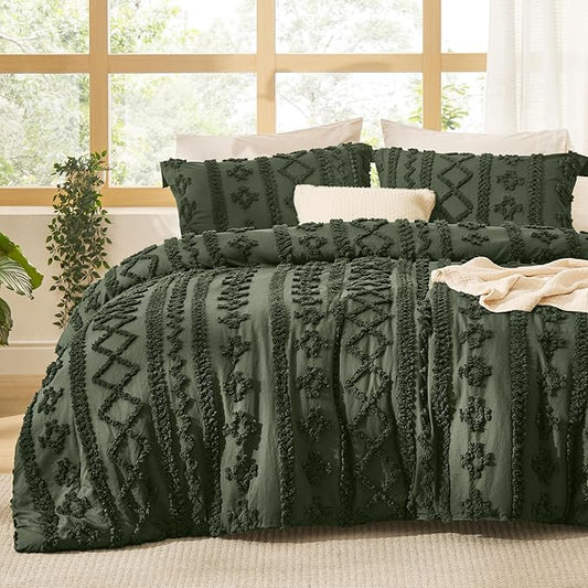 Bedsure Tufted Boho Comforter Set Full Size - Olive Green Boho Bed Set, GentleSoft™ 3 Pieces Farmhouse Shabby Chic Embroidery Bedding, Gifts for Woman, Soft Jacquard Full Comforter for All Seasons