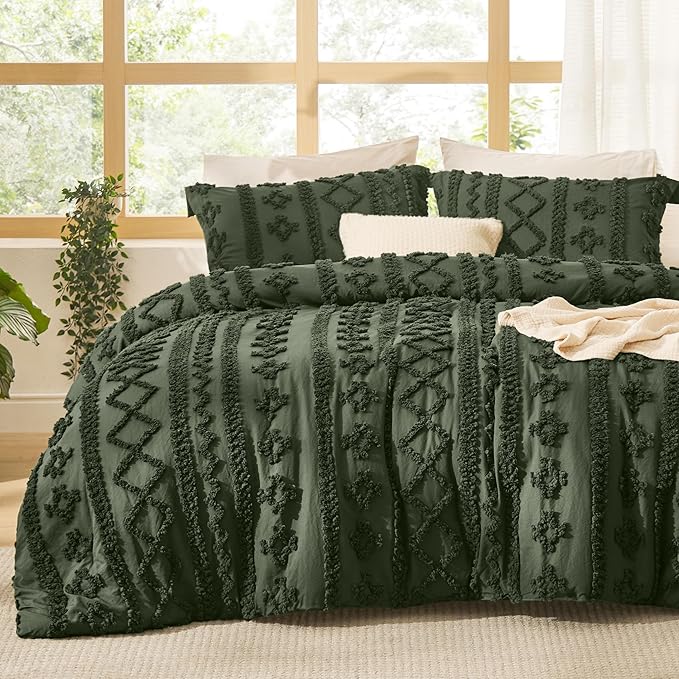 Bedsure Tufted Boho Comforter Set Twin Size - Olive Green Boho Bed Set, GentleSoft™ 2 Pieces Farmhouse Shabby Chic Embroidery Bedding, Gifts for Woman, Soft Jacquard Twin Comforter for All Seasons