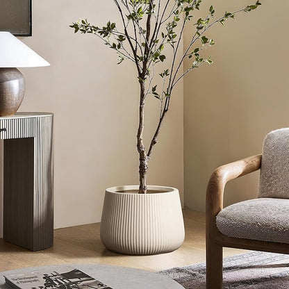 LuxenHome 15.5" Dia Round Planter, Large Indoor Outdoor Plant Pot with Drainage Hole and Rubber Plug, Handmade Modern Off-White Ripped Concrete Planter Pot, Flower Pot for Home Garden Patio Porch