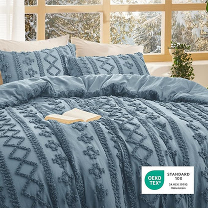 Bedsure Tufted Boho Comforter Set King Size - Grayish Blue Boho Bed Set, GentleSoft™ 3 Pieces Farmhouse Shabby Chic Embroidery Bedding, Gifts for Woman, Soft Jacquard King Comforter for All Seasons