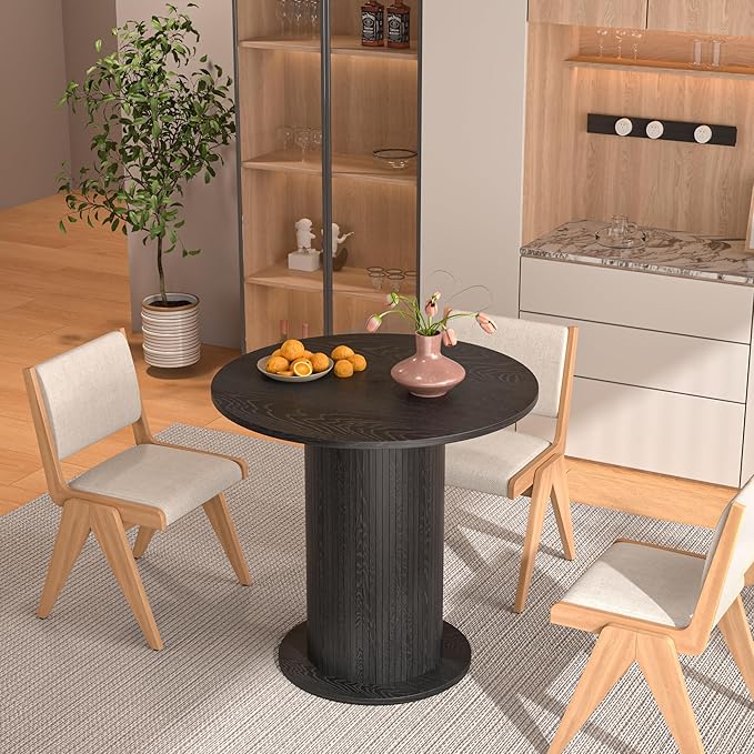 31.5 inch Round Dining Table for 2, Modern Farmhouse Kitchen Table, Small Circle Dining Tables with Wood Strip Base for Kitchen Living Room (Black)
