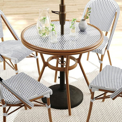 Martha Stewart Lily Pond 31” Round Indoor-Outdoor Bistro Dining Table with Aluminum Frame in Natural Woodgrain and Rattan Top in White/Navy with Tempered Glass Top