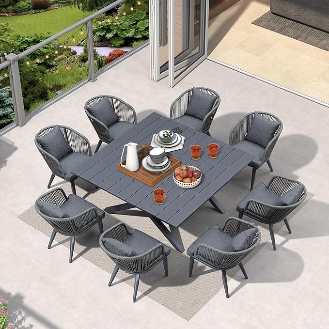PURPLE LEAF 9 Pieces Outdoor Metal Furniture Set Patio Conversation Sets Dining Set, 1 Square Dining Table and 8 Modern Chairs with Cushions Seat Grey