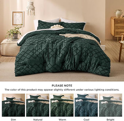Bedsure Queen Comforter Set - Forest Green Comforter, Boho Tufted Shabby Chic Bedding for Kids, 3 Pieces Vintage Farmhouse Bed Set for All Seasons, Fluffy Soft Bedding with 2 Pillow Shams