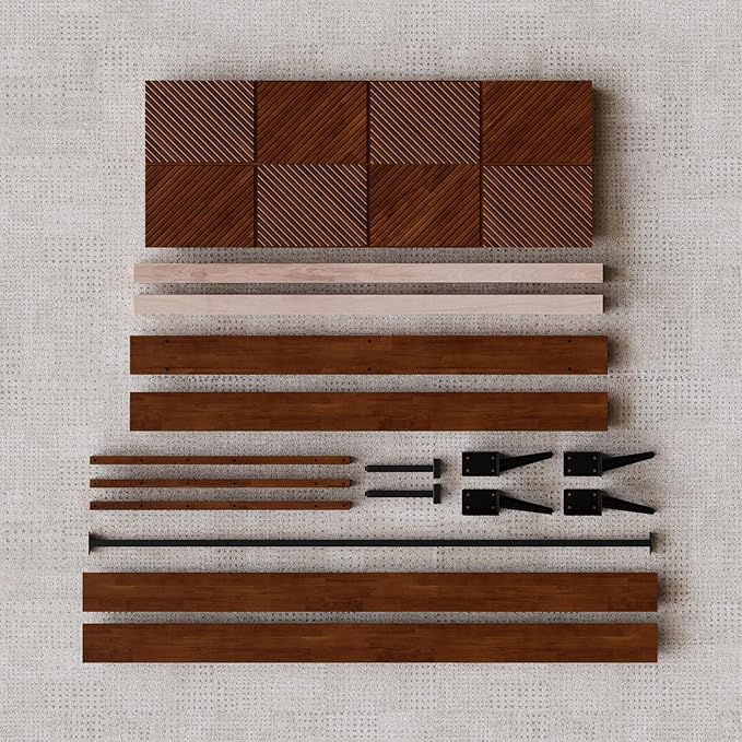 Bme Rhombus Queen Bed Frame – Solid Acacia Wood with Geometric Rhombus Headboard, Walnut Finish, Scandinavian Modern Platform Bed with Sturdy Slats & Metal Legs, No Box Spring Needed