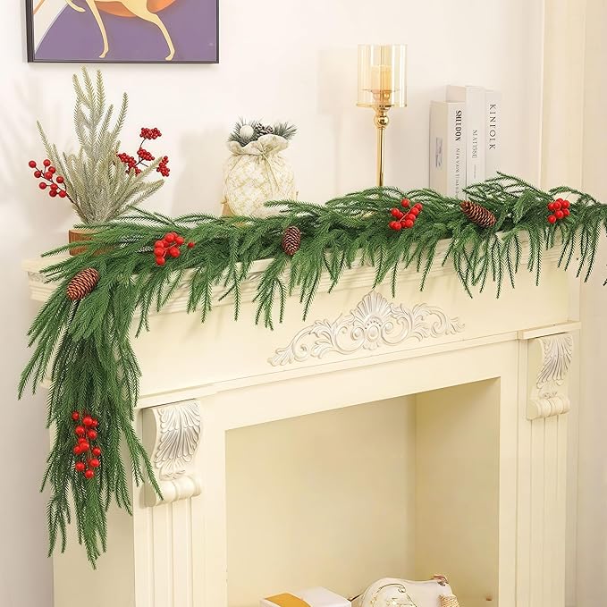 Christmas Decorations Artificial Norfolk Pine Garlands 6FT 4Pcs, Real Touch Winter Pine Garland, Green Artificial Greenery Garland for Table, Mantle, Wall, Indoor, Outdoor Decorations