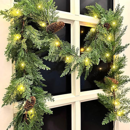 6 FT Christmas Garland with Lights, Battery Operated Pre-Lit Pine Cone Greenery, 20 Warm LEDs Artificial Xmas Decor with Timer, Holiday Decoration for Indoor Mantel Staircase Doorway Window