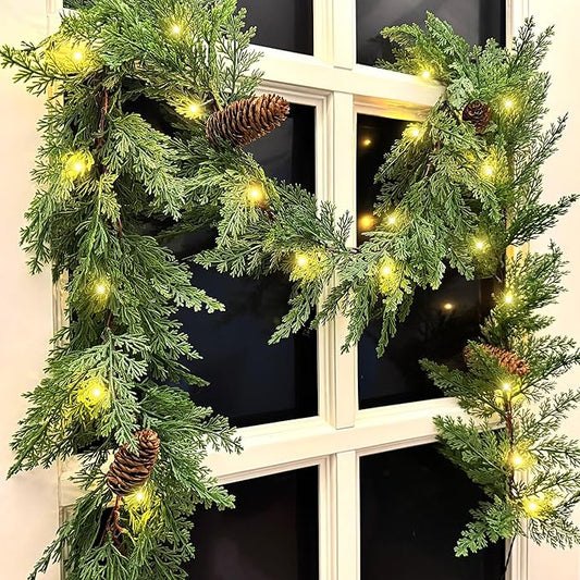 6 FT Christmas Garland with Lights, Battery Operated Pre-Lit Pine Cone Greenery, 20 Warm LEDs Artificial Xmas Decor with Timer, Holiday Decoration for Indoor Mantel Staircase Doorway Window