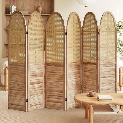 6 Panels Room Divider, Rustic Rattan Room Divider, Wood Folding Privacy Screen, Foldable Wood Divider Wall, Separate Portable Partition Screen, Wall Divider for Room Separation (Natural)