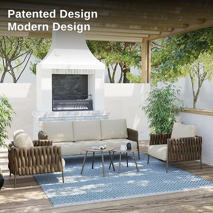 EAST OAK Life Chatter Patio Furniture Set 5 Pieces, Outdoor Chair 5-Seat with Two Round Table, Waterproof Thick Cushion Deep Seating for Porch, Balcony, Chestnut Brown & Creamy Apricot