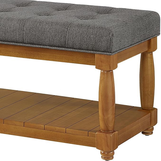 24KF Large Rectangular Upholstered Tufted Bed Bench, Linen Fabric Storage Ottoman Bench for Living Room, Padded Entryway Bench with Solid Wood Shelf,5098-Granite