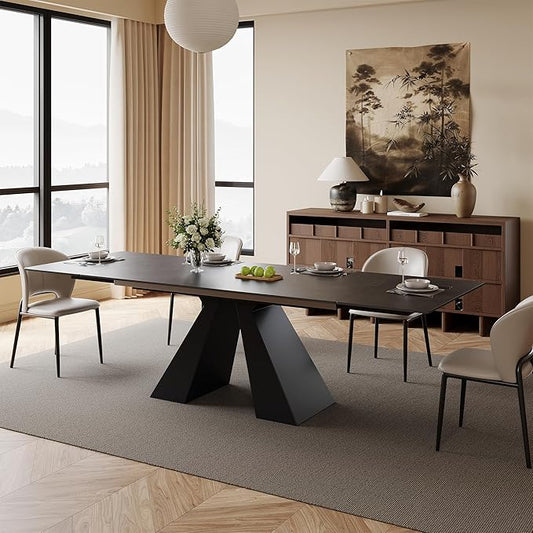 Modern Expandable Dining Table- 63" to 94.5" Extendable Dining Room Table, Gray Sintered Stone Top with Black Metal Base - Seats 6-12, Easy Assembly (Table Only)