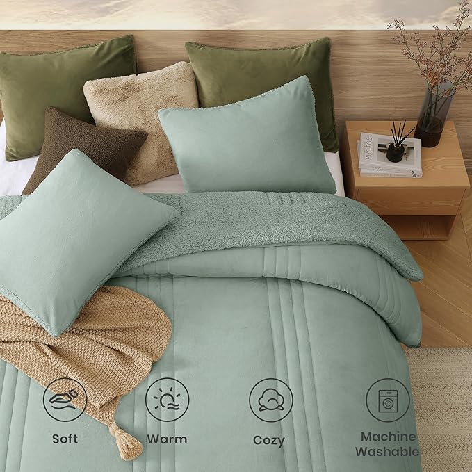 Monbix Fluffy King Size Comforter Set Sage Green, Sherpa Plush Fuzzy Comforter 3 Piece for King Size Bed, Luxury Soft Winter Warm Bedding Set