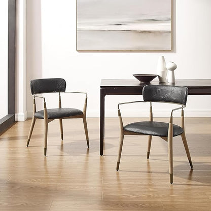 Art Leon Dining Chairs Set of 4 - Mid Century Modern Dining Room Chairs, Faux Leather Upholstered with Open Backrest, Wishbone Chair with Wood Legs, Black, CC084
