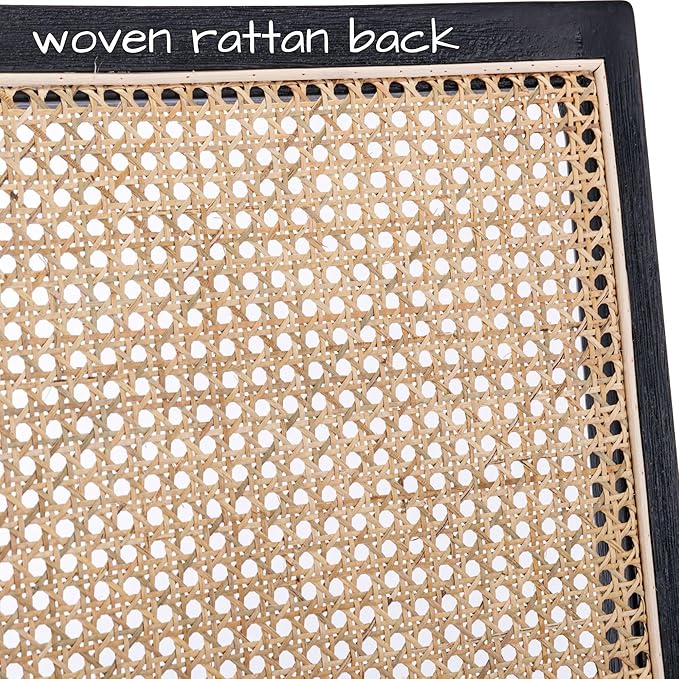 Farmhouse Rattan Dining Chairs Set of 2 Black Wooden Dining Room Chairs Rectangle Cane Country Kitchen Chairs Upholstered Dining Chairs, Cream Linen