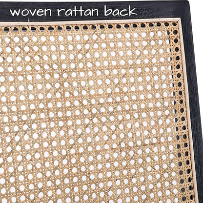 Farmhouse Rattan Dining Chairs Set of 2 Black Wooden Dining Room Chairs Rectangle Cane Country Kitchen Chairs Upholstered Dining Chairs, Cream Linen