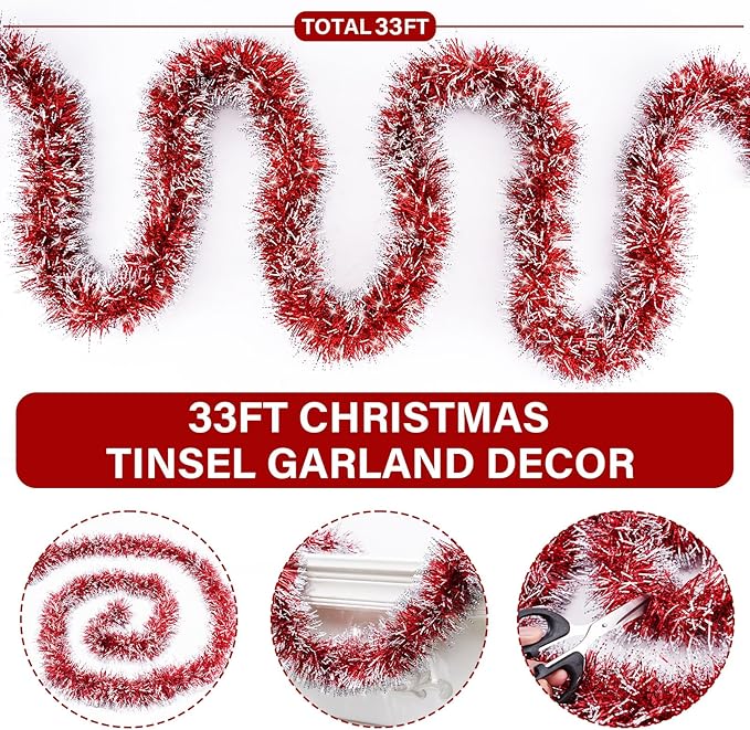 33FT Red Tinsel Christmas Garland Metallic Twist Shiny Garland for Christmas Tree Decorations, Xmas Holiday Hanging Garland for Home Indoor Outdoor Party Supplies Decor (Red)
