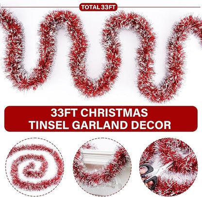 33FT Red Tinsel Christmas Garland Metallic Twist Shiny Garland for Christmas Tree Decorations, Xmas Holiday Hanging Garland for Home Indoor Outdoor Party Supplies Decor (Red)