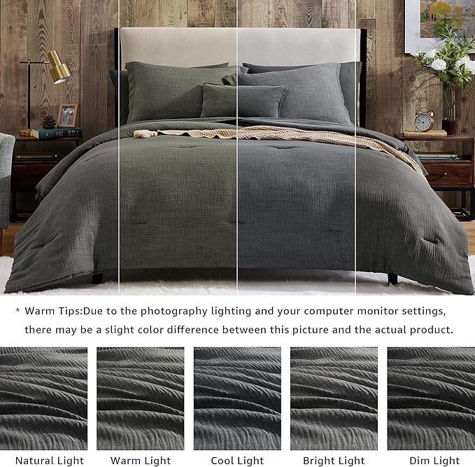 Geniospin Queen Comforter Set - 7 Pieces Comforter Queen Size, Solid Bedding Set for All Season, Textured Bed in a Bag with Flat Sheet and Fitted Sheet, Pillowcases and Shams (Grey, 90''x90'')
