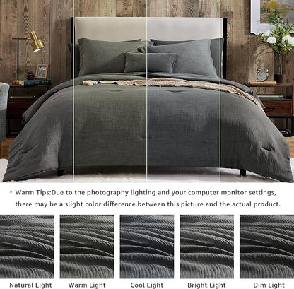 Geniospin King Size Comforter Set- 7 Piece Grey Textured King Bedding Set, Soft Solid Bed in a Bag for All Season, King Comforter Set with Sheets(Grey,102''x90'')