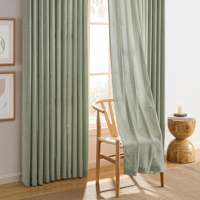 RAIN CITY Sage Sheer Curtains 90 Inches Long Linen Blend Fabric Modern Cottage Core Drapes for Living Room Bedroom Pinch Pleated Back Tab Boho Green Curtain Panels 2 PCs