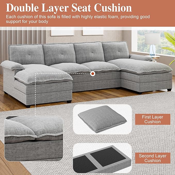 Meilocar U Shaped Sectional Sofa 110" 4 Seat Large Cloud Couch with Double Layer Cushions, Striped Grey