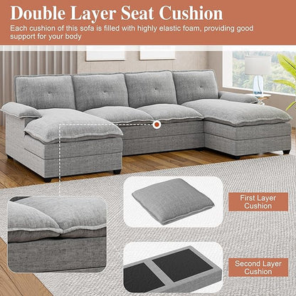 Meilocar U Shaped Sectional Sofa 110" 4 Seat Large Cloud Couch with Double Layer Cushions, Striped Grey