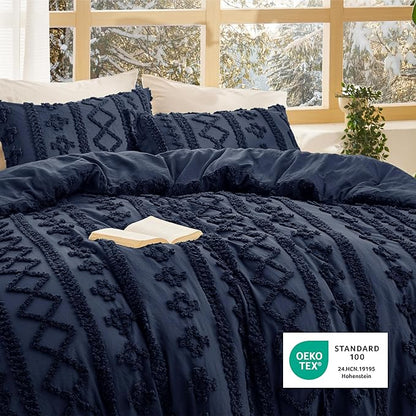 Bedsure Tufted Boho Comforter Set King Size - Navy Boho Bed Set, GentleSoft™ 3 Pieces Farmhouse Shabby Chic Embroidery Bedding, Gifts for Woman, Soft Jacquard King Comforter for All Seasons