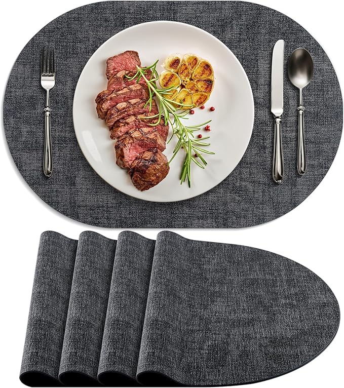 Placemats for Dining Table Set of 4 Non-Slip, Heat Resistant Oval Leather Placemat Double Layer, Waterproof Table Mats Easy to Clean for Kitchen Dining Room Coffee Office Table, Charcoal