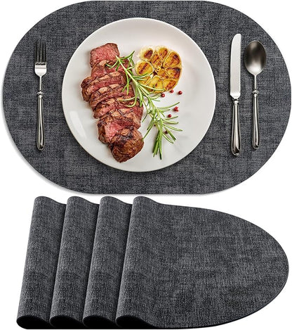 Placemats for Dining Table Set of 4 Non-Slip, Heat Resistant Oval Leather Placemat Double Layer, Waterproof Table Mats Easy to Clean for Kitchen Dining Room Coffee Office Table, Charcoal