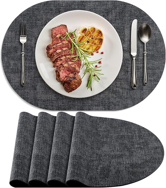 Placemats for Dining Table Set of 4 Non-Slip, Heat Resistant Oval Leather Placemat Double Layer, Waterproof Table Mats Easy to Clean for Kitchen Dining Room Coffee Office Table, Charcoal
