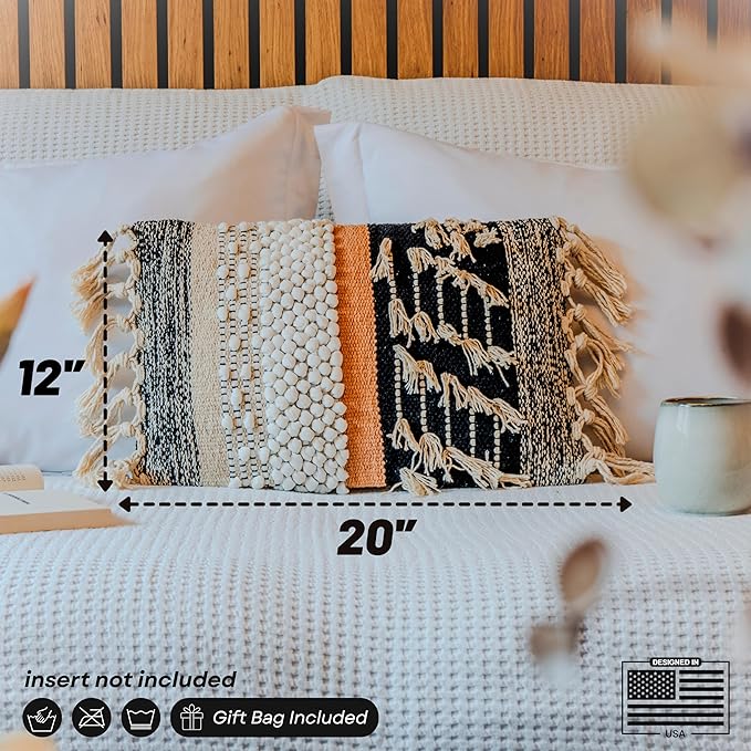 Decorative Boho-Chic Premium Pillow Cover 12x20 Handwoven Tufted Cotton Lumbar Accent Pillows, Neutral Earthly Color Throw Cushion, Farmhouse & Bohemian Home Decor (Limited Edition-Cover Only)