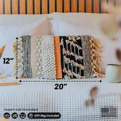 Decorative Boho-Chic Premium Pillow Cover 12x20 Handwoven Tufted Cotton Lumbar Accent Pillows, Neutral Earthly Color Throw Cushion, Farmhouse & Bohemian Home Decor (Limited Edition-Cover Only)